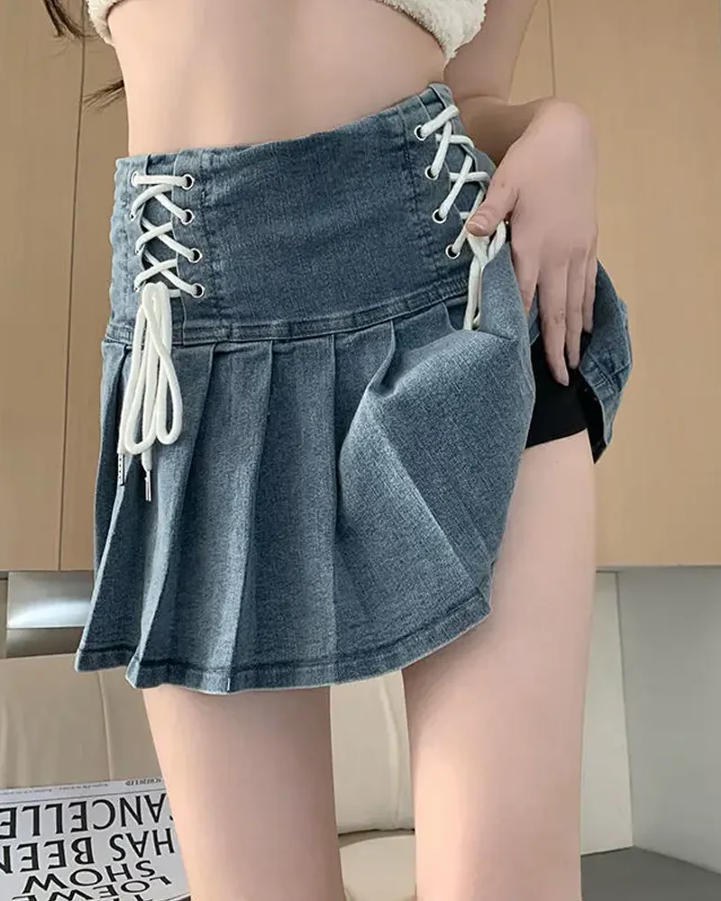 Denim Pleated Mini Skirt - Image 3