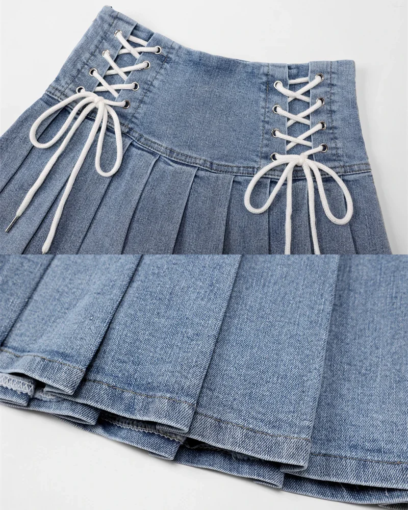 Denim Pleated Mini Skirt - Image 6